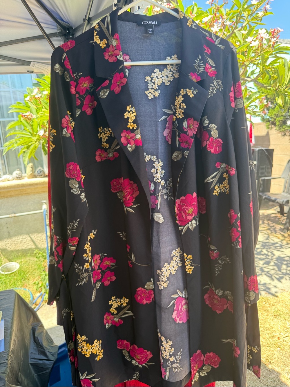 Roz & Ali Black Floral Long Robe with Pink and Yellow Blooms